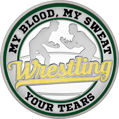 Gold "Wrestling" with Dark Green Outer Circular Borders